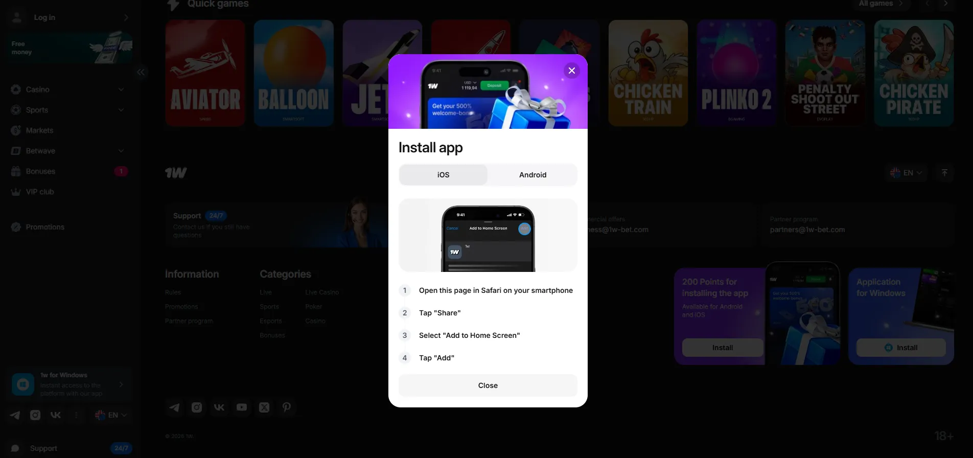 1win app iOS installation via Safari PWA guide